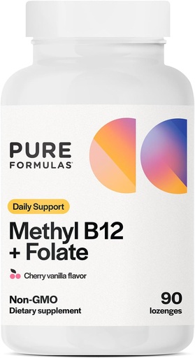 [BRSRAGQFCIFGA2A3] PureFormulas Metil B12 + Folate Ekspert, Metilated B12 Ekspert 1000 mcg, Folate, Cherry Vanilla Flavor, Metilated Vitamin B 12 - Qeyri-GMO, 90 Lozenges