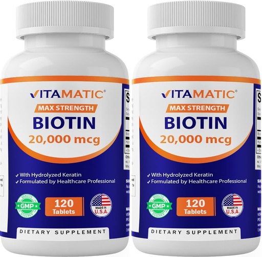 [BRSRMYLRAQGRMH33] Vitamatic High Potency Biotin 20000 mcg (20mg) with Keratin 100mg - 120 Vegetarian Tablets - Biotin Supplements for Healthy Hair Skin & Nails for Adults (120 Count (Pack of 2))