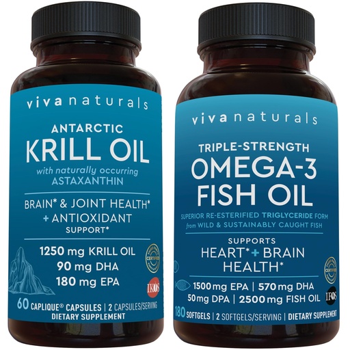 [BRSRMGQDBB7GC33G] Viva Naturals 1250 mg Antarctic Krill Oil and 2,500 mg Triple-Strength Omega-3 Fish Oil Bundle, Providing Omega-3 EPA and DHA