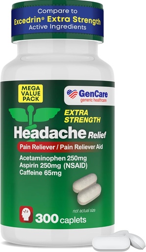 [BRSWYZA2OIPQMA34] GenCare - Headache Relief ацетамінофен з аспірин (NSAID) & кофеїн (300 каплетів) Значення посилки біль, м'язи Aches, болю в спині та тіла Generic Excedr ExtraEn Міцність