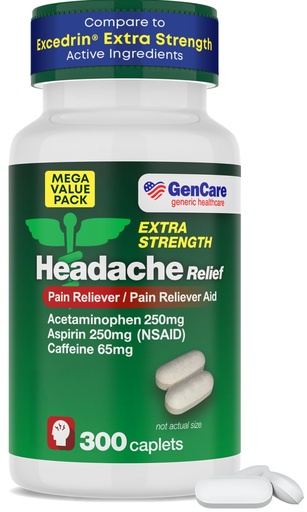 [BRSWYZA2OIPQMA34] GenCare - Headache Relief Acetaminophen with Aspirin (NSAID) & Caffeine (300 Caplets) Value Pack | Head Pain, Muscle Aches, Back Pain & Body | Generic ExcedrEn Extra Strength