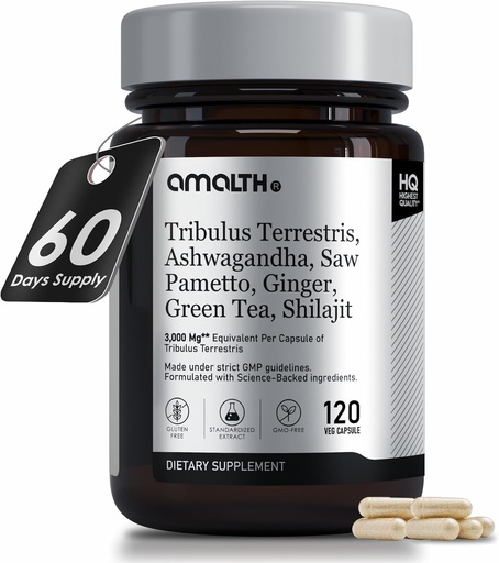 [BRSW2ATYBF6WYDI3] Amalth Tribulus Terrsestris, 20:1 Extract Per Serving, Highest Potency with Ashwagandha, Saw Palmetto, Shilajit 120 Capsules