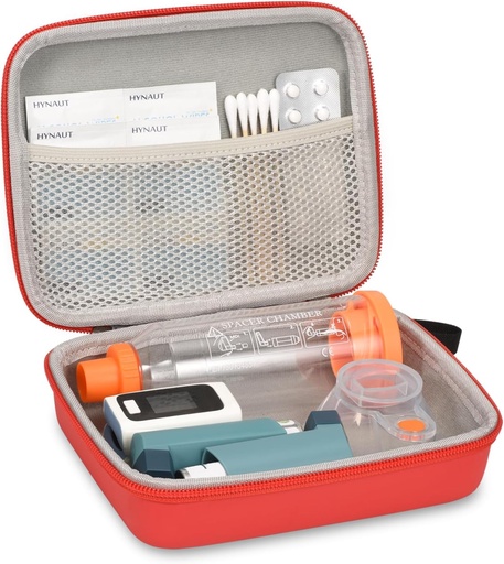 [BRSRAGD2BAMBG33Z] Hard Travel Case for Asthma Inhaler and Accessories, with Mesh Pocket for Medicine, Red