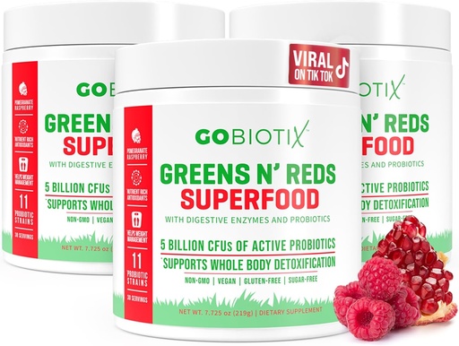 [BRSW2CY5OVYQEA37] GOBIOTIX Super Greens and Reds Powder - Red and Green Superfood - Probiotic Supplement - Digestive Enzymes and Beet Root Powder - Organic Whole Foods Dietary Supplement (Pom Raspberry, 3 Pack)