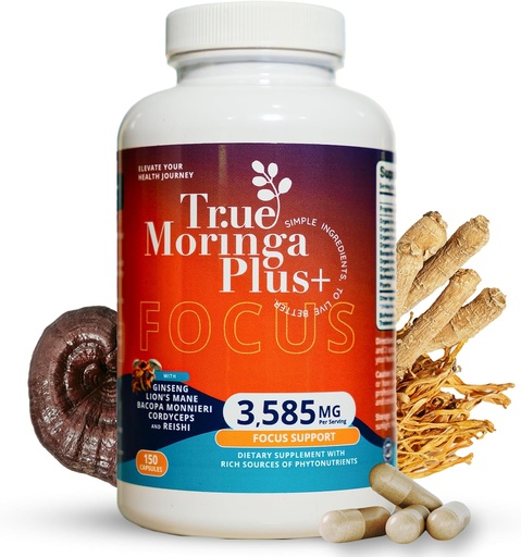 [BRSRAED7OUHQO3TD] True Moringa Plus+ Focus Support Supplement 10:1 Extract | 20,000mg of Organic Moringa, Reishi, Cordyceps, Lion’s Mane, Ashwagandha, Bacopa Monnieri | Memory & Brain Health for Adults (150 Capsules)