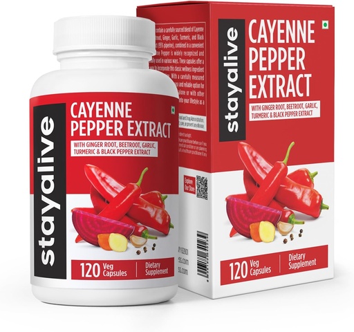 [BRSRAYDQBMIG2AL7] Stay Alive Cayenne Pepper Capsules 960mg Super Expre với Ginger, tỏi, Turmeric, Beet Root, Black Pepper, 120 Cayenne Capsules, Hỗ trợ tim mạch và hệ thống Immun, hỗ trợ Capsaicin Pills