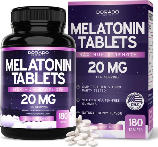 [BRSROYDYDMBAEC3G] Melatonin 20mg Tablets for Adults (180 Count) - Quick Dissolve with 20mg of Melatonin Per Tablet - High Potency, Gluten-Free, Non-GMO, Vegan - Mixed Berry Flavor - Bulk Supply - USA Made