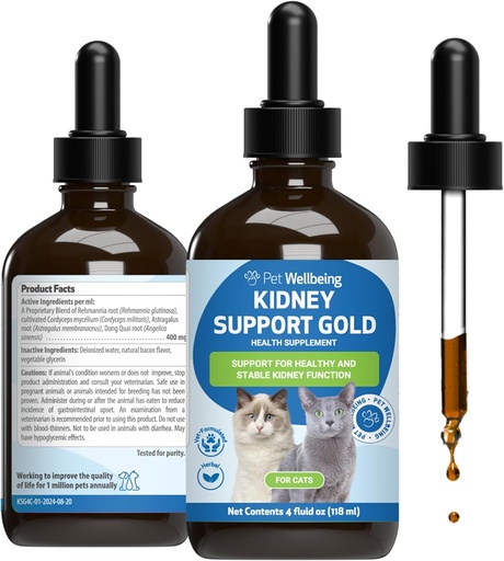 [BRSRAGL7OUGRO335] Pet Wellbeing Kidney Support Gold for Cats - Supports Healthy Kidney Function, Fluid Balance, Energy Levels, Rehmannia, Dong Quai - Veterinarian-Formulated Herbal Supplement 4 oz (118 ml)