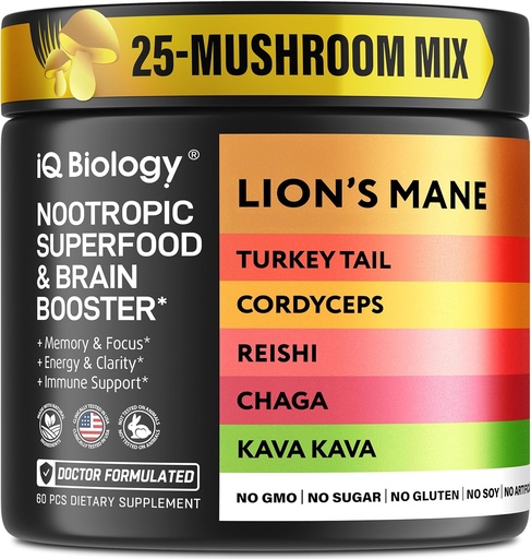 [BRSROFAPAQHGKC32] Kava Kava Root Cordyceps Lions Mane Reishi Mushroom Supplement, Nootropic Mushrooms Capsules Kava Kava Extract, Mushroom Vitamins for Women, Ashwagandha, Magnesium - 60 Caps (1 Pack)