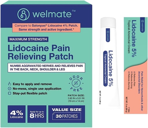 [BRSROBDQAEIWC3D3] WELMATE Ultimate Pain Relief Duo: 4% Lidocaine Numbing Patch (30 Ct) & 5% Lidocaine Cream (2 Oz) | Maximum Strength Topical Analgesic Kit