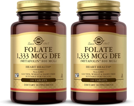 [BRSWKYQCAZ4BODY3] Solgar Folate 1,333 mcg DFE (Metafolin 800 mcg) - 100 Tablets, Pack of 2 - Prenatal Vitamin - Non-GMO, Gluten Free, Dairy Free, Kosher - 200 Total Servings