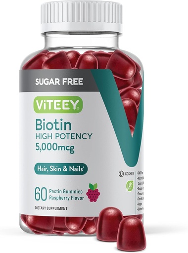 [BRSRMHQTCF6GYAYZ] VITEEY Biotin Gummies for Hair, Skin, and Nails 5,000mcg - Sugar Free - Hair Growth Gummies, Healthy Skin Glow, Strong Healthy Nail Growth - Vegan, Gluten Free, Gelatin Free- Chewable Raspberry Flavor