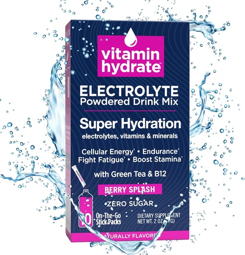 [BRSRO2QYAUPA4CQV] Vitamin Hydrate Electrolyte Powdered Drink Mix, Super Hydration, Boost Stamina & Fights Fatigue, Bursting with Electrolytes, Vitamins & Minerals, 0 Sugar, Berry Splash, 10 Stick Packs