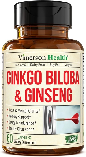 [BRSRMAAHBUCA23DH] Азіатська Ginseng і Ginkgo Biloba Supplements - Panax Ginseng екстракт 700mg + Ginko Biloba 720mg - Nootropic Brain Supplement для пам'яті, Focus & Sustained Energy - 60 Easy-to-Swallow Capsules