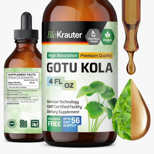 [BRSROGAROIBW23T7] BIO KRAUTER® Centella Asiatica (Gotu Kola)- Liquid Drops Gotu Kola Extract 685 mg/Serving 4 Fl.Oz 56-Day Supply - Pure Vegan Brain Supplement, Supports Calm, Focus & Memory - Alcohol & Sugar Free