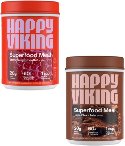 [BRSRMGD6CEOQIA3X] Happy Viking Chocolate and Strawberry Powder, by Venus Williams, 20G Protein, Low Carb, Keto, Vegan, Gluten-Free, Superfoods, Complete Meal Replacement, 2 Canisters (24 oz. Each)