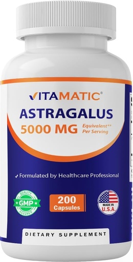 [BRSRA235BMBQ22D2] Vitamatic Astragalus Capsules 200 Veg Capsules - 10:1 Astragalus Extract 500mg - Non-GMO, Gluten-Free