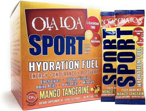 [BRSWIYQYCADBUDDC] Ola Loa Sport Mango Tangerine All- Natural Hydrating Sports Drink Mix - Energia, Amino Acids, Elektrolity, Witamina C, Witamina B, Gluten Free, Wegan - Pij swoje witaminy - 30 Pakiety (7.4oz)