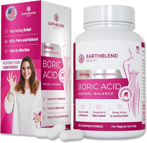 [BRSRAEDQOZ5WC23J] Boric Acid Suppositories for Women - Vaginal Pills - Promotes Vaginal pH Balance, Healthy Flora, Odor Control – Made in The USA - 600mg, 30 Count