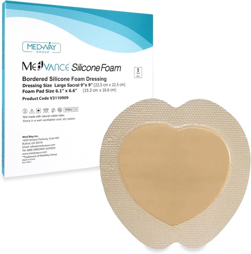 [BRSWGZINAQFWYHTZ] MedVance TM Silicone - Sacral Bordered Silicone Adhesive Foam Wound Dressing, Bed Sore Treatment Bandage for Sacrum, Size 9"x 9" (6.1" Pad x 6.6" Pad), Box of 5 dressings