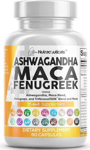 [BRSW2HYFOEPREE3G] Clean Nutraceuticals Ashwagandha Maca Root Fenugreek Supplement with Tongkat Ali Ginseng - Assists with Stress, Mood & Thyroid - Ashwagandha Capsules Fenugreek Caps - 1 Pack