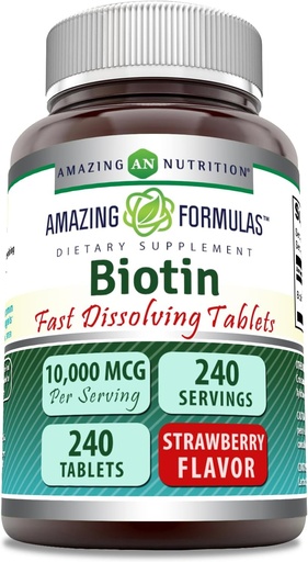 [BRSROA37BZ7QECQ2] Amazing Formulas Biotin 10,000 Mcg | Fast Dissolve Tablets | Non-GMO | Gluten Free Supplement | Made in USA (Strawberry | 240 Count)