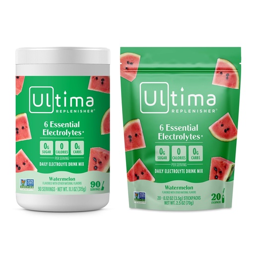 [BRSRMAIHOYBRECDO] Ultima Replenisher Electrolyte Powder Drink Mix Bundle – Sugar Free – Watermelon, 90 Serving Canister and 20 Stickpacks – 6 Electrolytes and Minerals – Keto Friendly, Vegan, Non-GMO