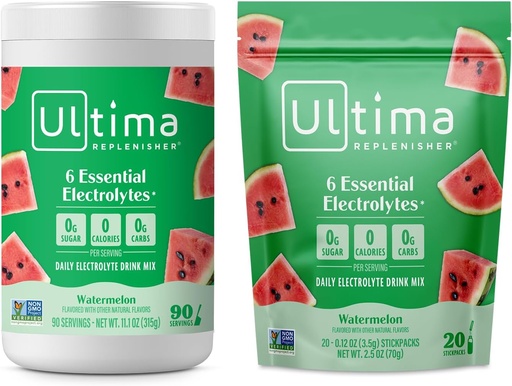 [BRSRMAIHOYBRECDO] Ultima Replenisher Electrolyte Powder Drink Mix Bundle – Sugar Free – Watermelon, 90 Serving Canister and 20 Stickpacks – 6 Electrolytes and Minerals – Keto Friendly, Vegan, Non-GMO
