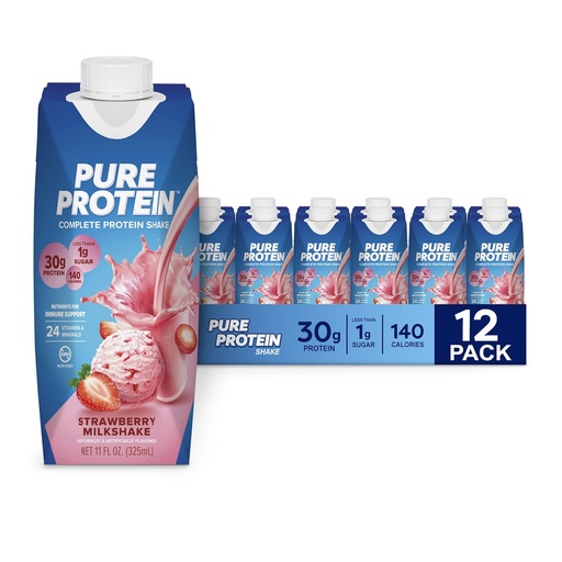 [BRSWYZ35CRYBUHIZ] Pure Protein Jagode Protein Shake, 30g Popolne beljakovine, Pripravljen za pitje in Keto-prijazno, Vitamini A, C, D in E plus cink za podporo imunskega zdravja, 11oz steklenice, 12 pakiranje