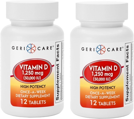 [BRSRAZYDCN6QIET7] GeriCare Vitamina D 1.250mcg (50.000 UI) High Potency, Supports Bone Density, Muscle Health, Immune Function, and Calcium Absorption, Once-A-Week Dietary Supplement, 12 Count (Pack of 2)
