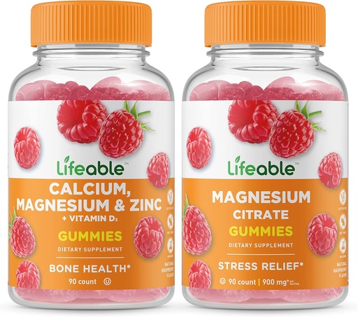 [BRSRMYAYAUOWAF3K] Lifeable Calcium, Magnesium, Zinc & Vitamin D + Magnesium, Gummies Bundle - Great Tasting, Vitamin Supplement, Gluten Free, GMO Free, Chewable Gummy