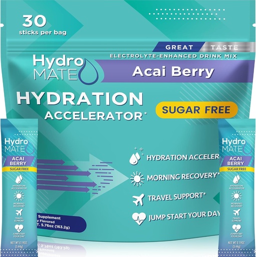 [BRSRAZQ3OV5WMHT5] Electrolyte Powder Sugar-Free Hydration Packets Acai Berry HydroMATE 30 Sticks