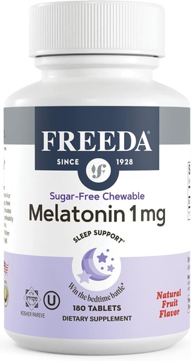 [BRSRMAAHDMCQIDY3] FREEDA Melatonin 1 мг Цукор-Free Chewable Tablets - Природний фруктовий Flavor Sleep Aid для дорослих і дітей вік 3 і вгору - Non-Habit Forming, Vegan, Gluten-Free, Kosher - Made in USA (180 Count)