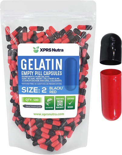 [BRSWYAYCCV5QMFDG] XPRS Nutra Size 2 Empty Capsules - 500 Count Empty Gelatin Capsules - Pills DIY Capsule Filling - Pure Bovine Pill Gel Caps for Do-It-Yourself Supplements (Black/Red)