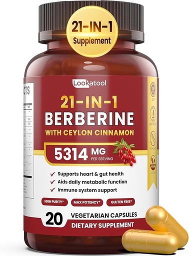 [BRSRAGDRCMDQGGTB] 21-in-1 Berberine Supplement with Ceylon Cinnamon - 1500mg Organic Berberine HCL Phytosome, 5X Higher Absorption for Metabolism Support 20 Capsules