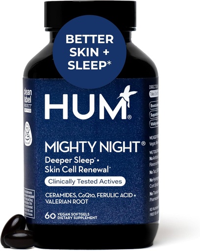 [BRSWYZARBZ5A2ELK] HUM Mighty Night Nighttime Sleep Supplement for Skin Care, CoQ10, Valerian Root & Ferulic Acid to Support Cell Turnover, Skin Vitamins for Women and Men, Overnight Beauty Vitamins, 60 Vegan Softgels