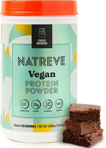 [BRSWYEI5OZ5AAADK] Natreve Vegan Protein Powder - 25g Plant Based Protein Powder with Probiotics and Amino Acids - Glutenvrij Fudge Brownie, 18 Servers