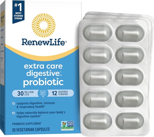 [BRSWIG34CEAWM2YZ] Renew Life Extra Care Go-Pack Probiotic Capsules, Daily Supplement Supports Immune, Digestive and Respiratory Health, L. Rhamnosus GG, Dairy, Soy and gluten-free, 30 Billion CFU, 30 Ct