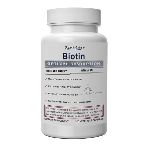 [BRSWIAD4BJ4AGC3M] Superior Labs – Best Natural Biotin NonGMO Supplement – for Luscious Longer Hair and Lashes – Stronger Nails – Healthy Skin – Energy Booster – Healthy Weight - 5000 mcg, 120 Vegetable Caps