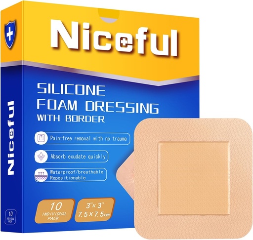 [BRSRAFAKA4CRECDP] Silicone Foam Dressing 3x3 in (7.5x7.5cm),High Absorbency Bed Sore Bandages Wound Care Dressing,Waterproof Silicone Bandages for Sensitive Skin Wound Care(10 Pcs)