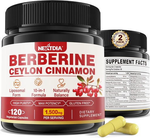 [BRSRAFAZDEJROADF] 2 Pack 1500mg Liposomal Berberine HCL koos Ceylon Cinnamon Bitter Melon, Orgaaniline Berberine Complex toidulisandeid Banana Leaf, toetab immuunsüsteemi ja seedimist - Vegan 240 kapslid