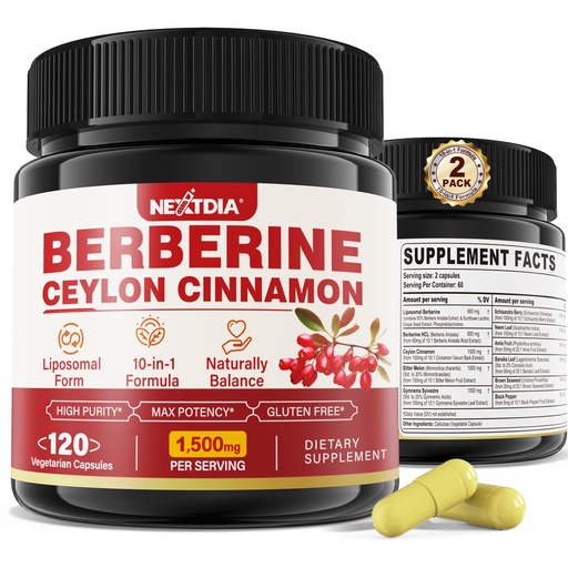 [BRSRAFAZDEJROADF] Nextdia 2 Pack 1500mg Liposomal Berberine HCL with Ceylon Cinnamon Bitter Melon, Organic Berberine Complex Supplements with Banana Leaf, Supports Immune & Digestion - Vegan 240 Capsules