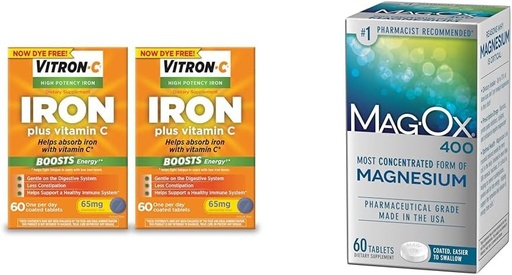 [BRSRAZTYOIBQGCYV] Vitron-C Iron Supplement Plus Vitamin C, 60 Count, 2 Pack Bundle with Mag-Ox 400 Magnesium Mineral Dietary Supplement Tablets, 60 Count