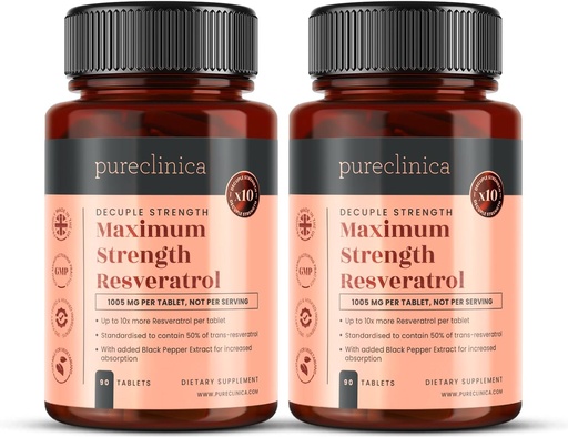 [BRSWGGAZBYFQAETL] pureclinica 1000mg Resveratrol x 180 Tablets (2 Bottles of 90 Tablets Each - 6 Months Supply). 10 x Strength and with Black Pepper Extract for Faster Absorption