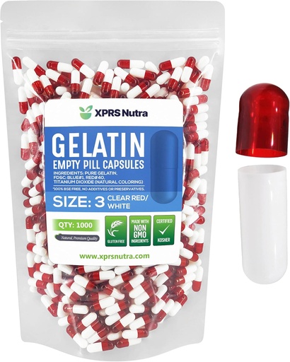[BRSWY2Q6OIMGKE3P] XPRS Nutra Size 3 Empty Capsules - 1000 Count Empty Gelatin Capsules - Pills DIY Capsule Filling - Pure Bovine Pill Gel Caps for Do-It-Yourself Supplements (Clear Red/White)