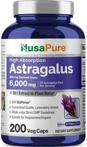 [BRSWGZY7AAGWY23U] NusaPure Astragalus 20: 1 Extract, 300 mg Ekwiwalent 6 000 mg Per Serving, 200 Kapsułek wegetariańskich, Non- GMO & Bioperine