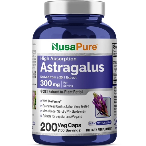 [BRSWGZY7AAGWY23U] NusaPure Astragalus Capsules, 300 mg, 200 Veg Capsules (Non-GMO, Vegan)