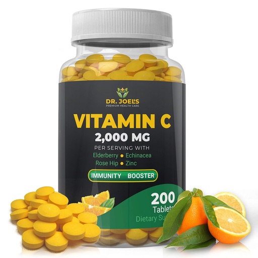 [BRSWYZIDDIJQGH3G] Dr. JOEL'S Immune Support Vitamin C 2000 mg - 200 Tablets - with Zinc, Elderberry, Rose Hip, Echinacea - Boosts Immune System- Made in USA