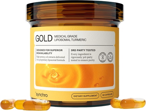 [BRSWYZAFOABBQELP] Synchro Gold Medical-Grade Liposomal Turmeric | 60ct Capsules | Whole-Plant Extract, Nano-Encapsulation Delivery | Curcumin Black Pepper Piperine Supplement