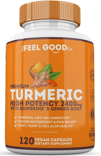 [BRSROC3QCQNRMGYY] The Feel Good Turmeric Circumin 2400mg 95% Curcuminoids with BioPerine | Turmeric Supplement for Brain & Joint Support | 120 Vegan Capsules